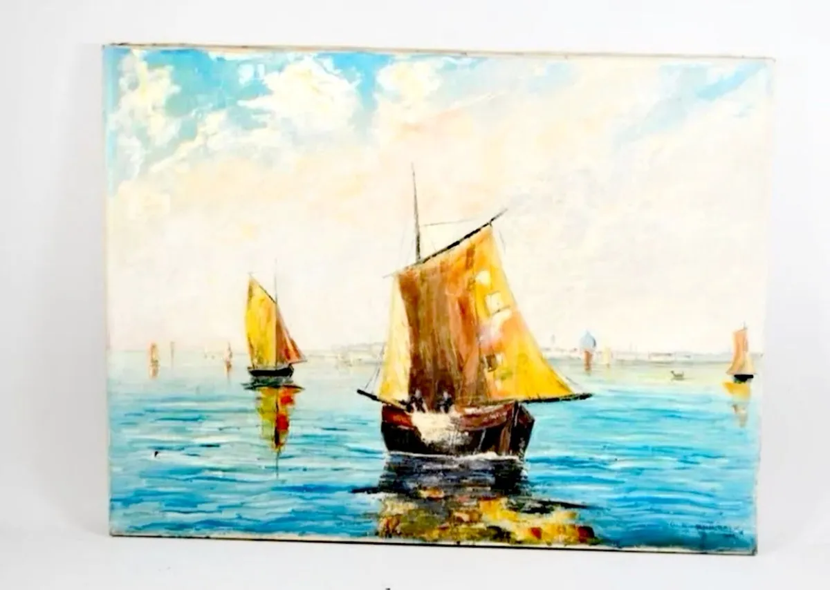 Large oil painting with boats 1967 for sale in Co. Galway for €100 on
