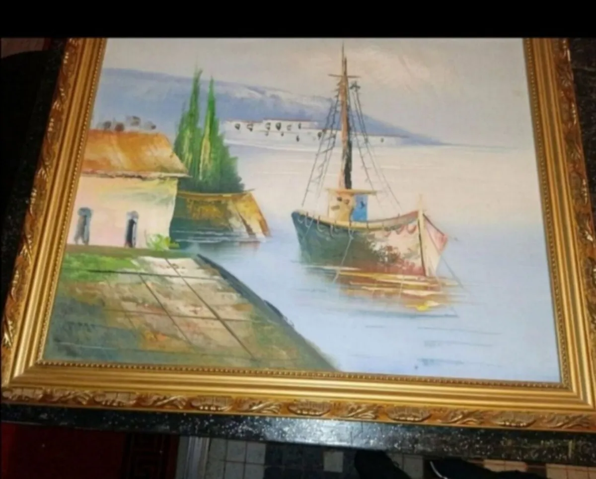 Oil painting of a boat and the pier - Image 1