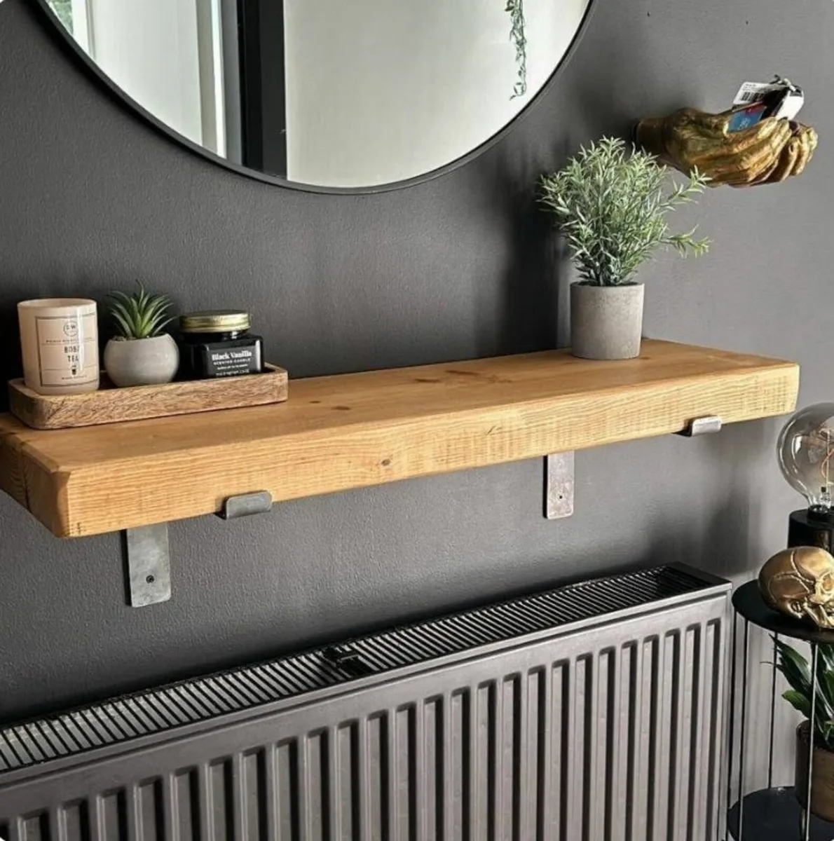 Rustic Solid Wood Shelf, Steel Down Brackets - Image 1