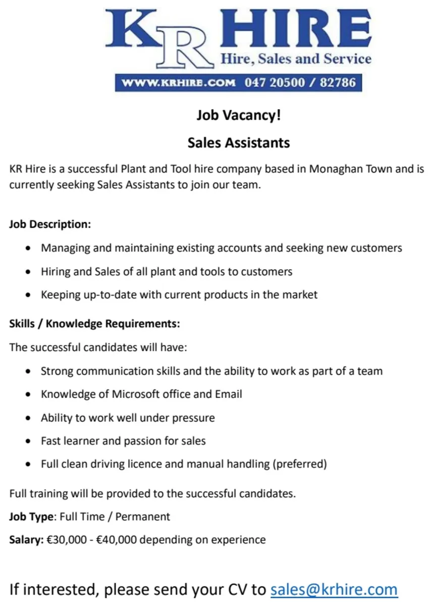 Job Vacancy- Sales Assistants @KR Hire