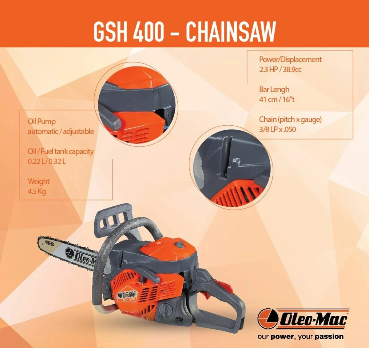 Oleo Mac GSH400 Chainsaw 16" Bar - Image 1