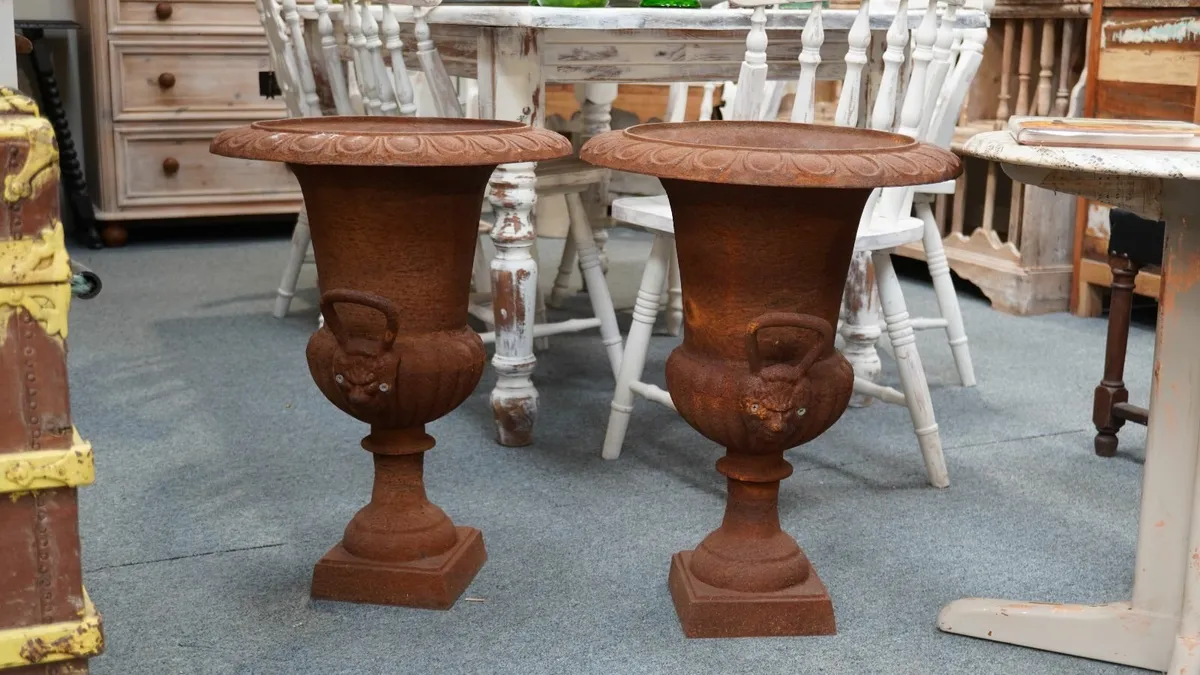 Pair of Antique Cast Iron Garden Urns - Image 1