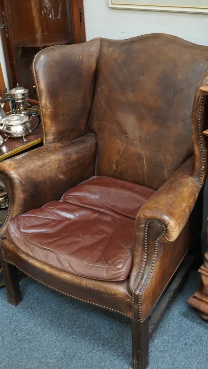Vintage Leather Wingback Armchair with Nailhead Tr - Image 2