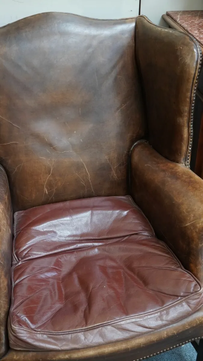 Vintage Leather Wingback Armchair with Nailhead Tr - Image 3