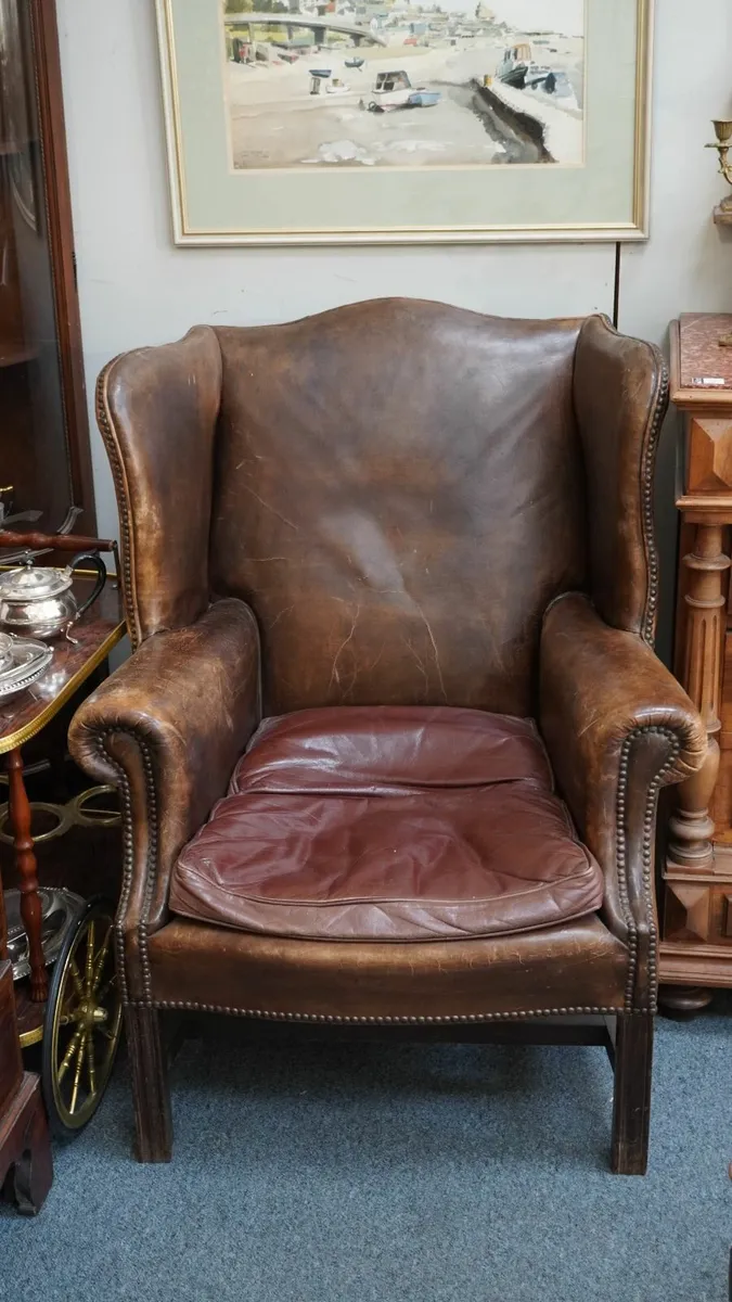 Vintage Leather Wingback Armchair with Nailhead Tr - Image 1