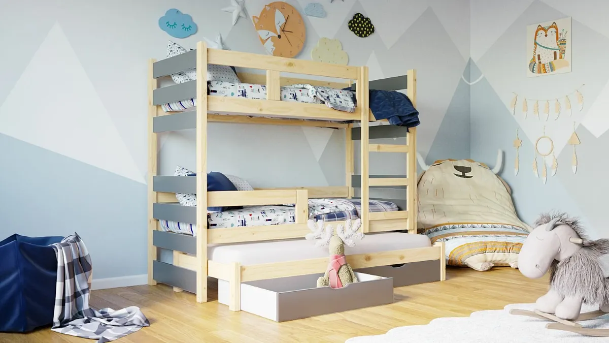 Triple Bunk Bed CARL Real wood frame +2 Drawers - Image 3