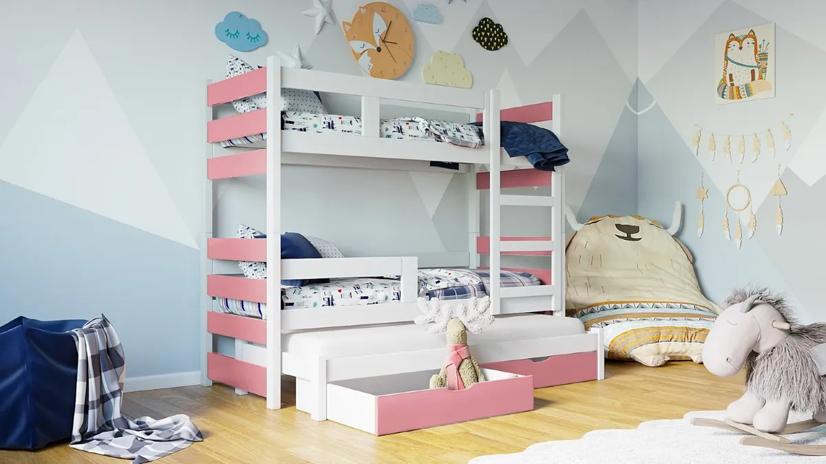 Triple Bunk Bed CARL Real wood frame +2 Drawers - Image 1