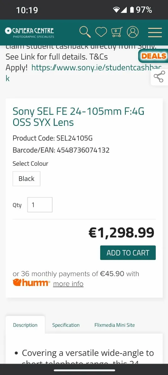 Brand New Sony FE 24105mm Camera lens for sale in Co. Dublin for €950