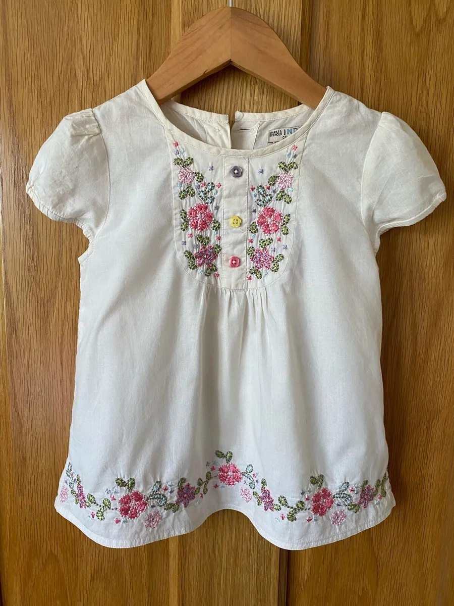 M&S Girls Cream White Floral Embroidered Dress - Image 1