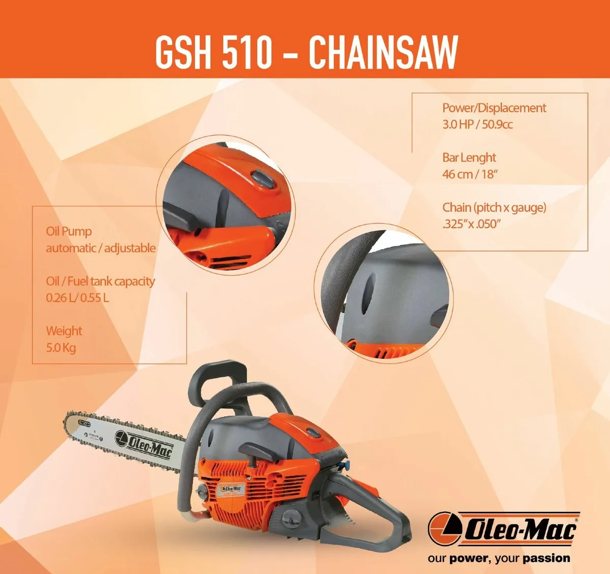 Oleo Mac GSH510 Chainsaw 18" Bar - Image 1