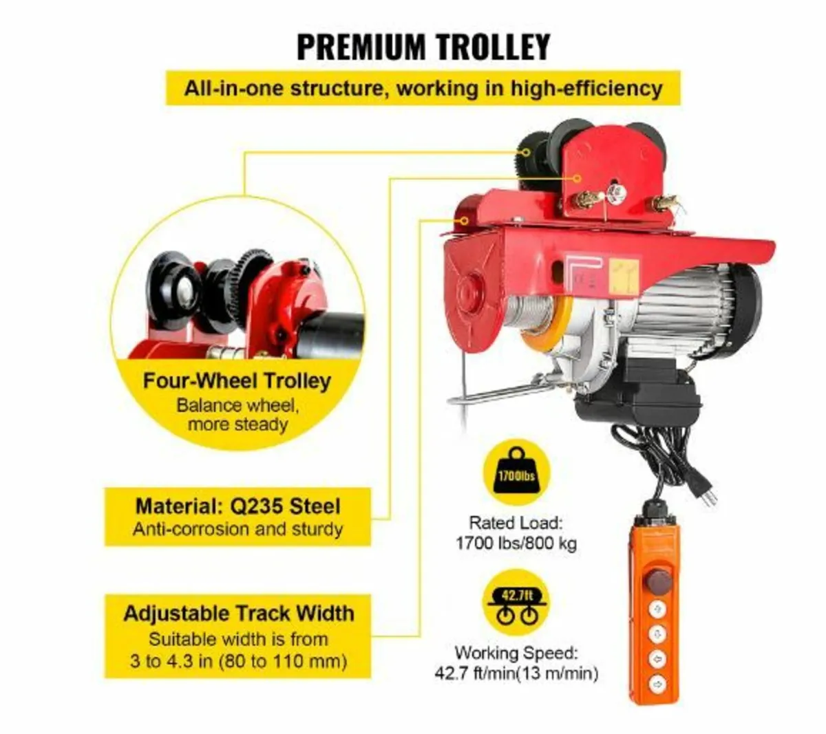 800Kg/1700Lbs Electric Trolley Hoist 1300W - Image 3