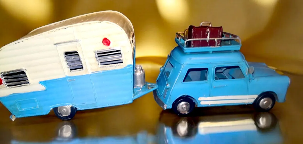 Handmade detailed tin caravan and mini car - Image 1