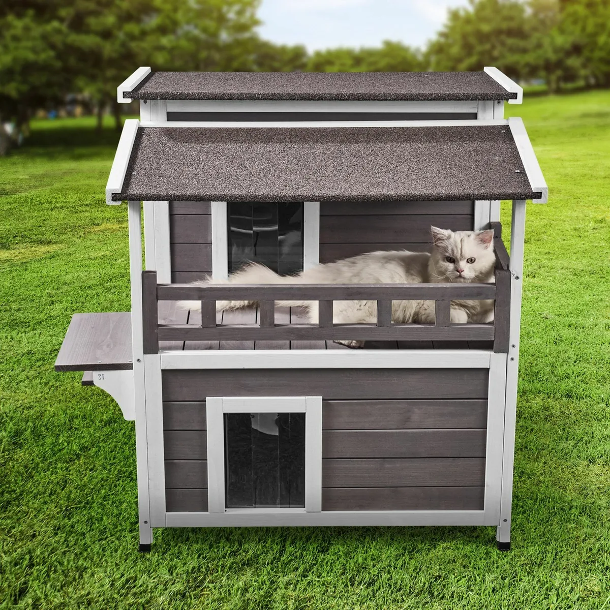 Outdoor Indoor Cat House 2-story Wooden Feral Cat - Image 1