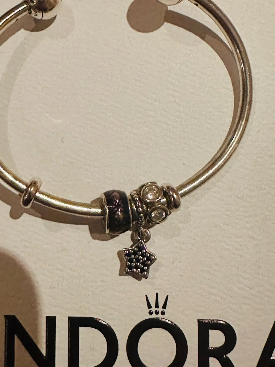 Pandora moments open bangle silver with 3 charms - Image 4