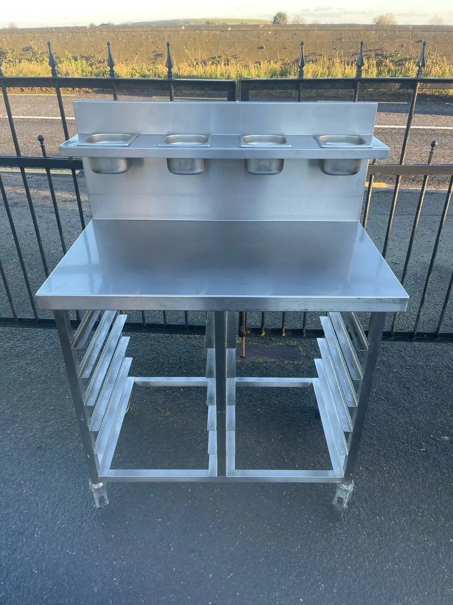 Stainless steel prep table with pans - Image 1