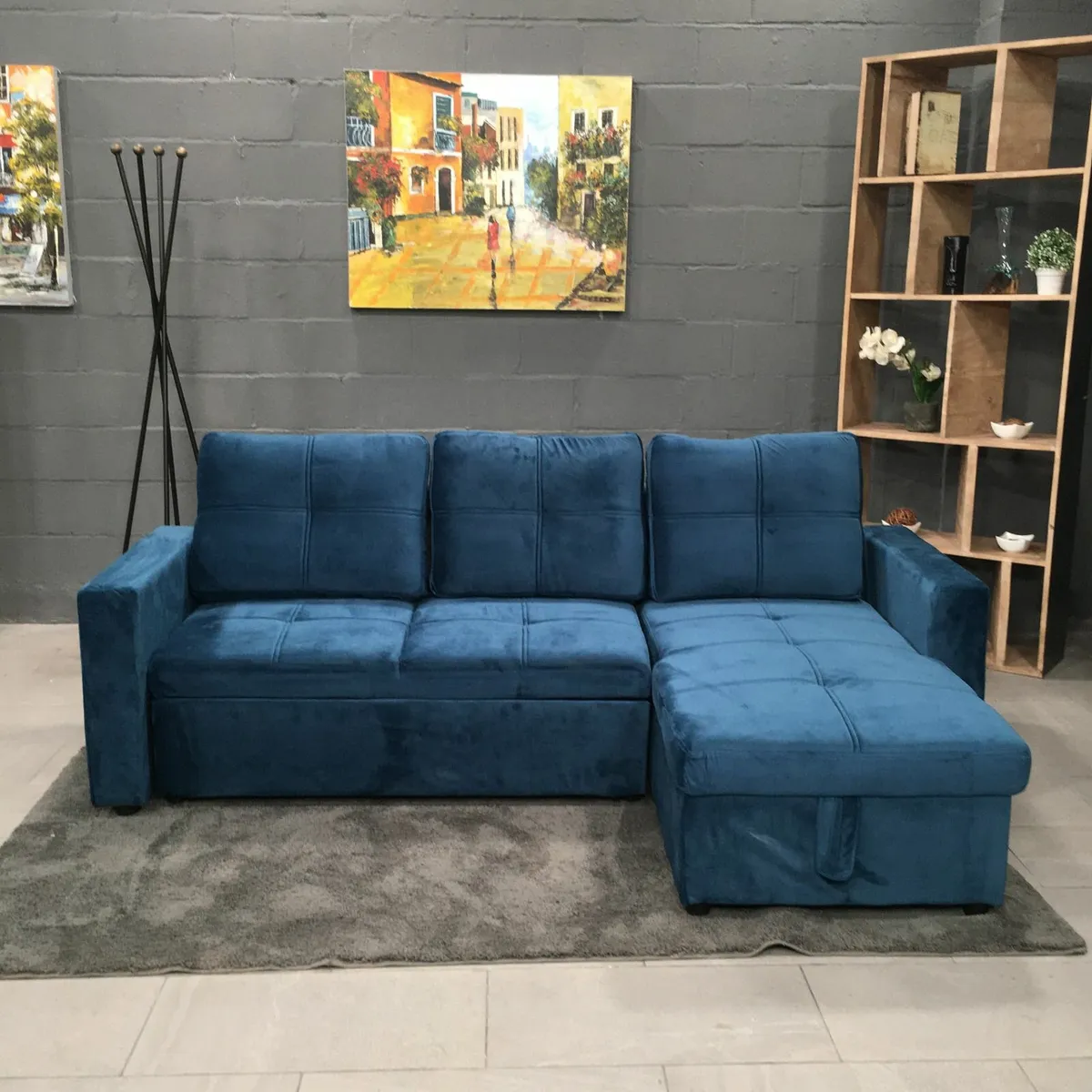 New Blue Velvet Corner Sofa Bed with Storage - Image 1