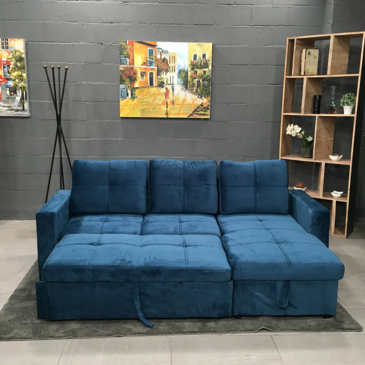 New Blue Velvet Corner Sofa Bed with Storage - Image 2
