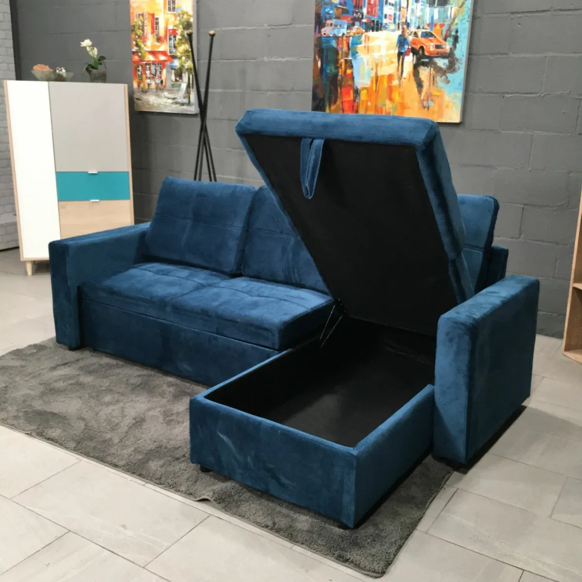 New Blue Velvet Corner Sofa Bed with Storage - Image 3