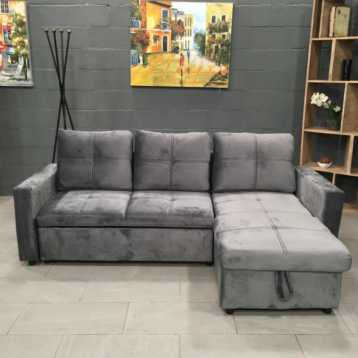 New Grey Velvet Corner Sofa Bed with Storage - Image 1
