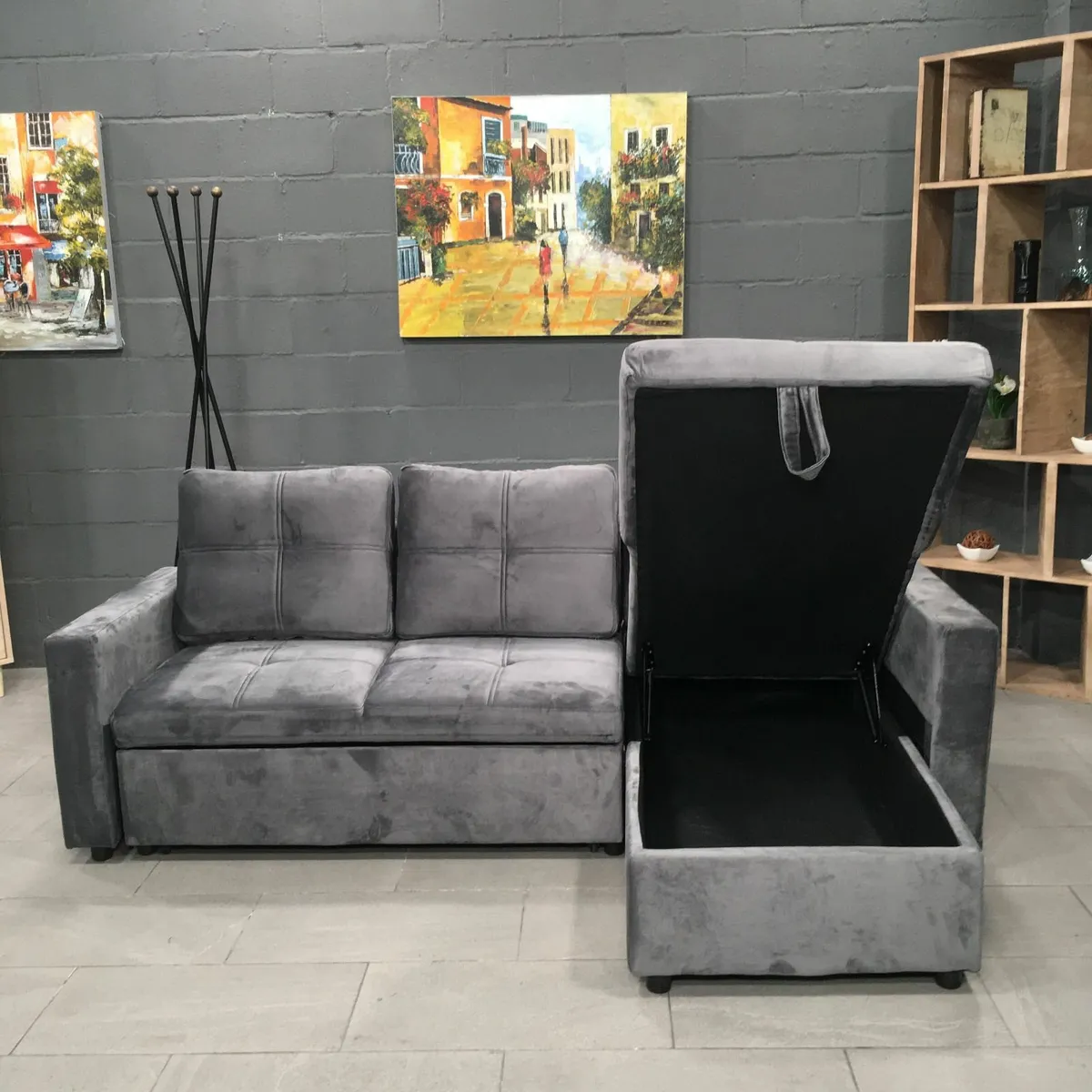 New Grey Velvet Corner Sofa Bed with Storage - Image 3