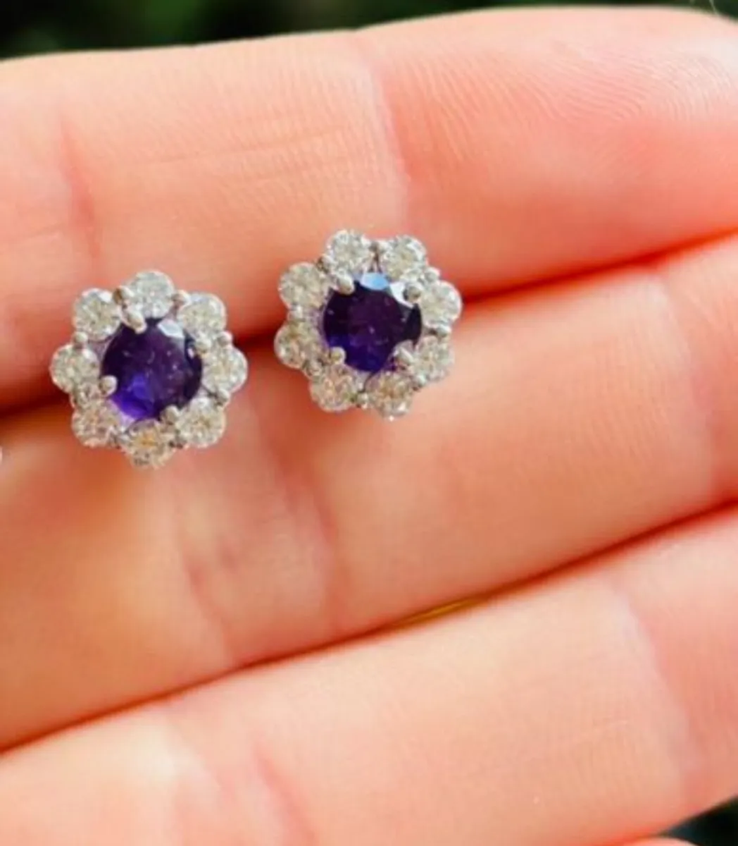 14k white gold diamonds and amethyst earrings - Image 1