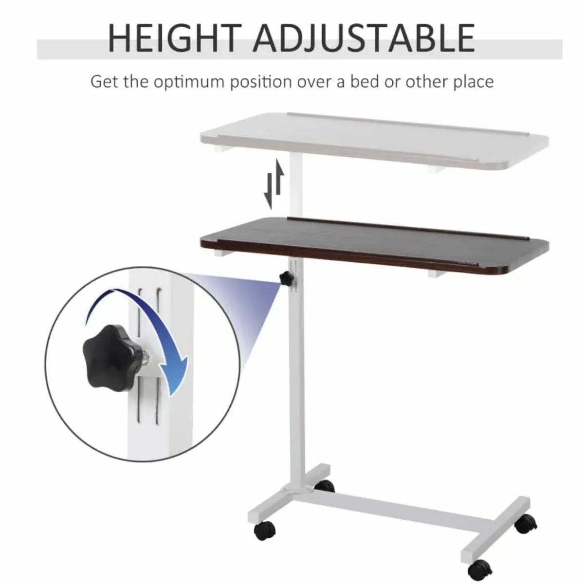 Joy overbed table with wheels for fullqueen beds height adjustable rolling bed desk mobile multifunctional table great for bedroom dining