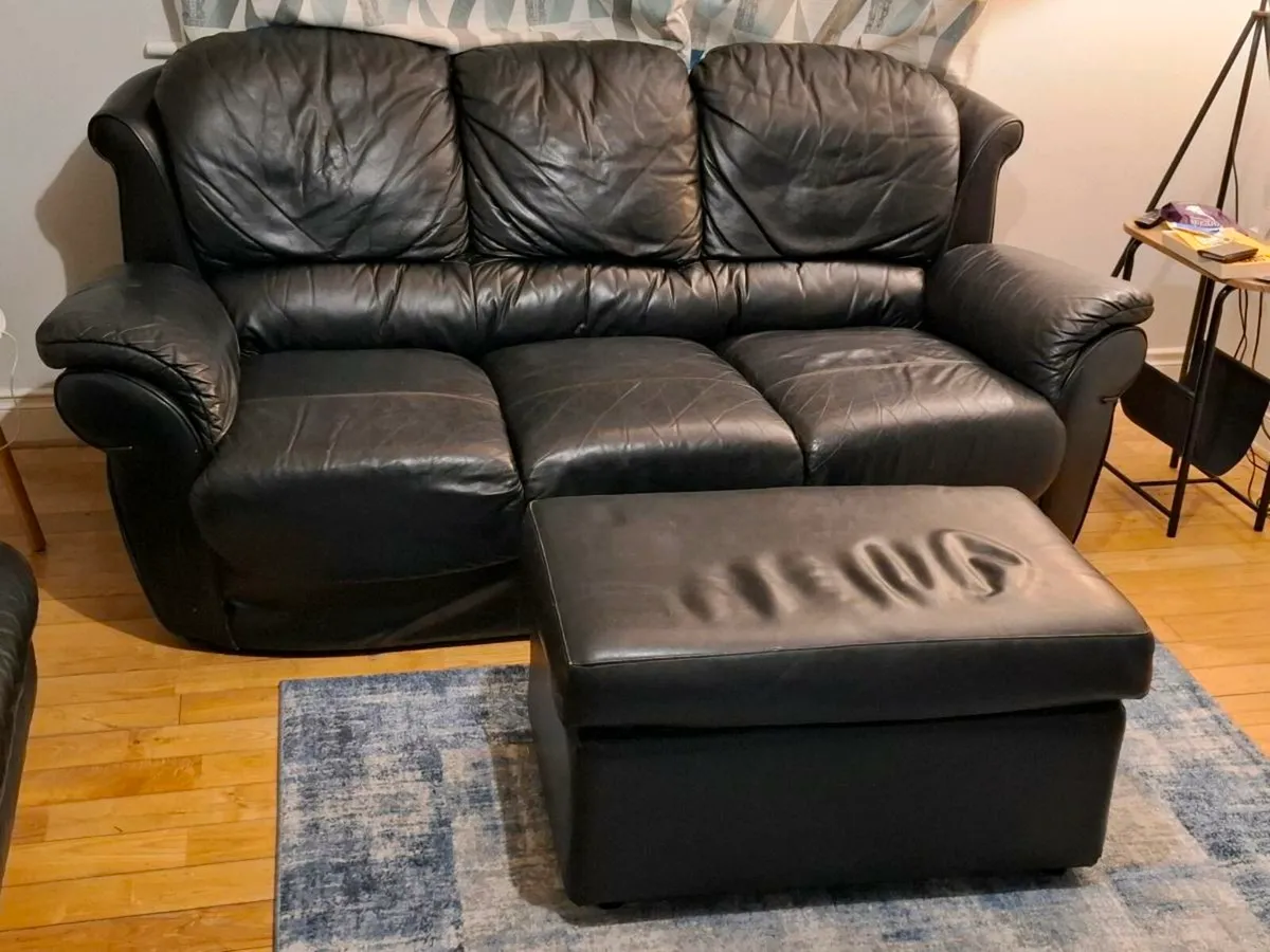 Black leather couch 3 Seater , 2 Seater and Pouffe - Image 1