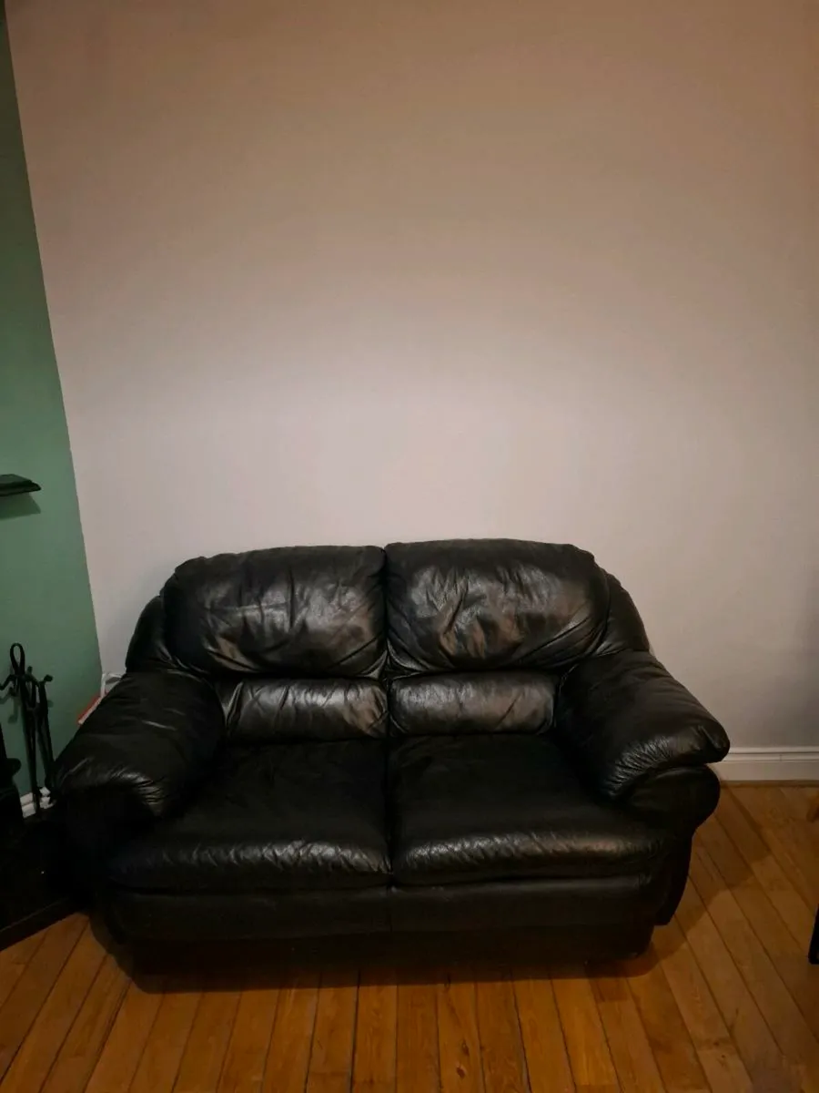 Black leather couch 3 Seater , 2 Seater and Pouffe - Image 2