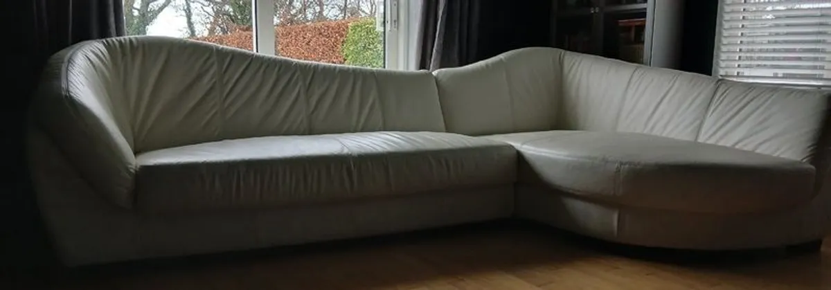 Large L shape cream leather sofa - Image 1