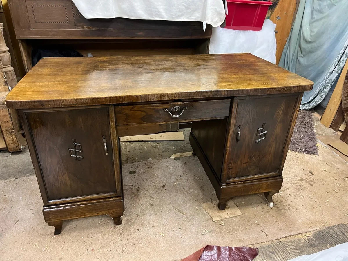 Mid century oak Desk and 3 mahogany antique chairs - Image 1