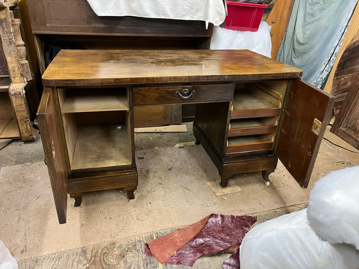 Mid century oak Desk and 3 mahogany antique chairs - Image 2