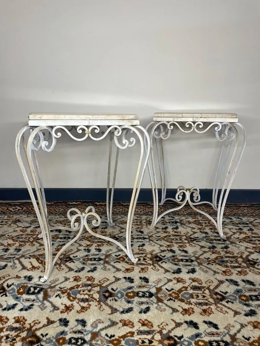 A Good Pair of Square Cast Iron & Marble Top Tables. - Image 1