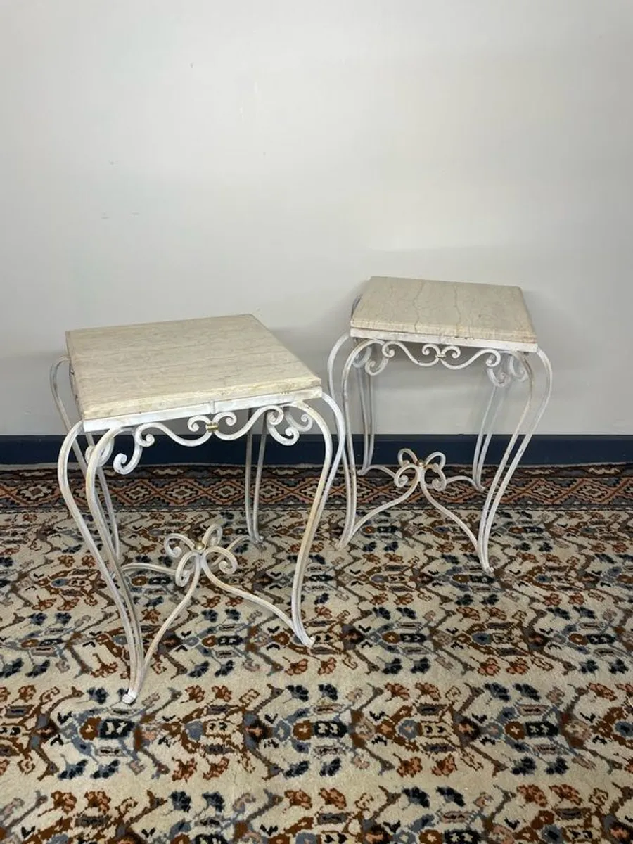 A Good Pair of Square Cast Iron & Marble Top Tables. - Image 2