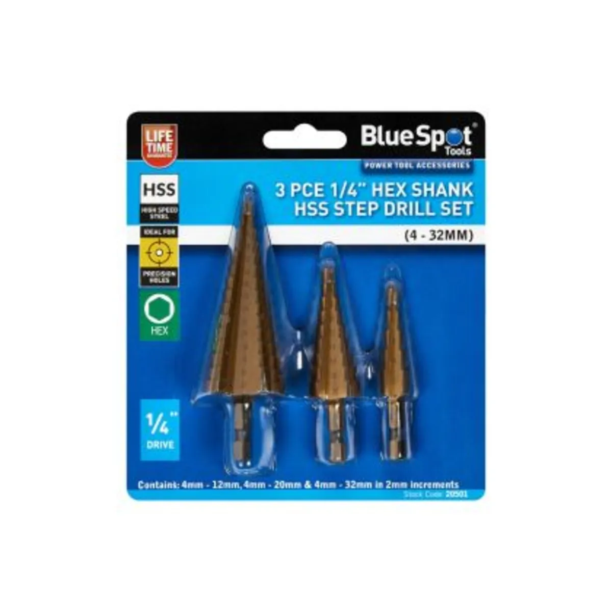 Blue Spot Hex Shank HSS Step Drill Set – 3pc - Image 1
