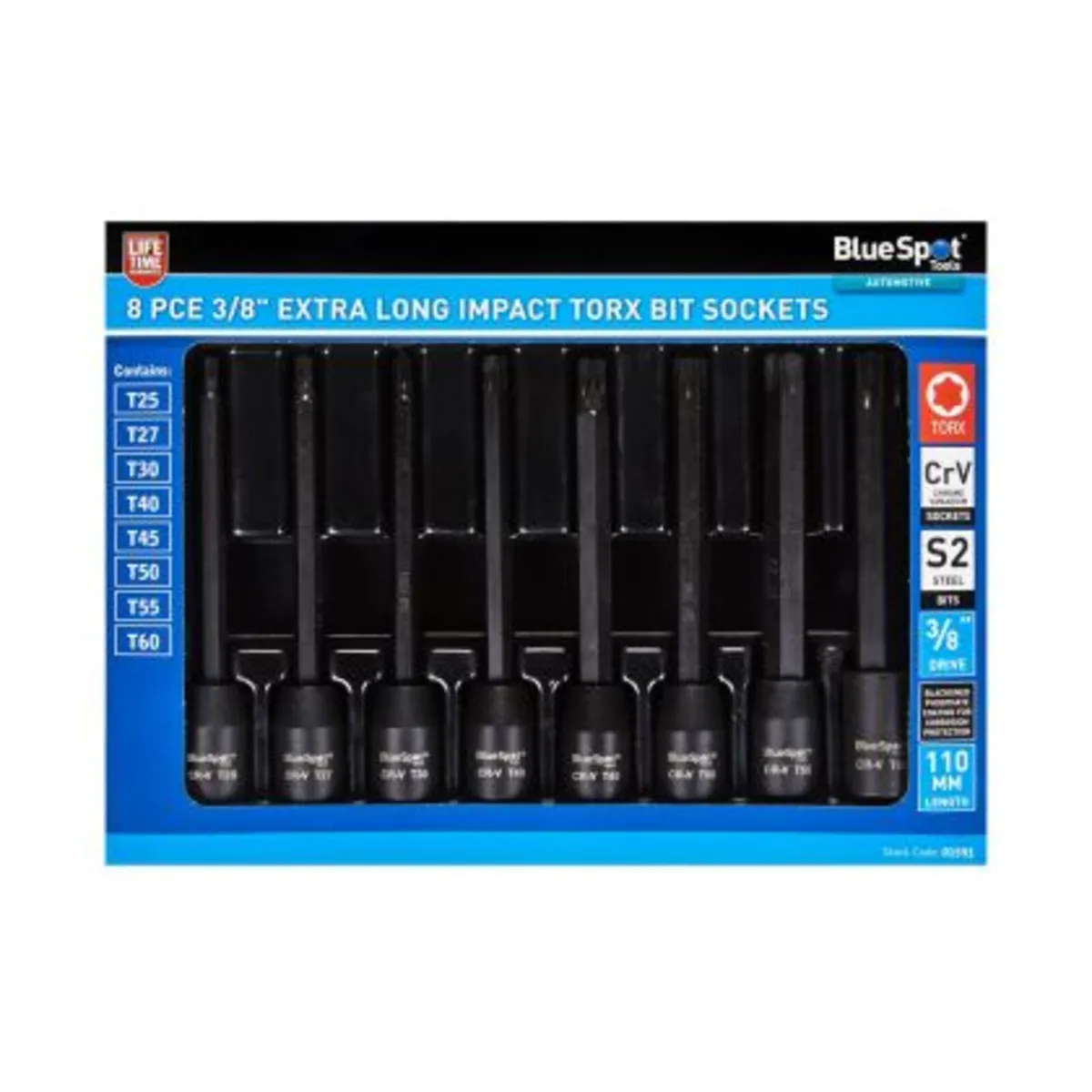 BLUE SPOT LONG IMPACT TORX BIT SOCKETS – 8pc, 3/8″ - Image 1