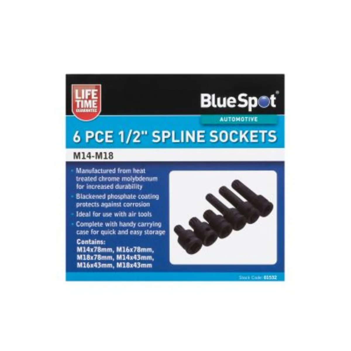 Blue Spot Tools Spline Sockets – 6pc, 1/2″ - Image 1
