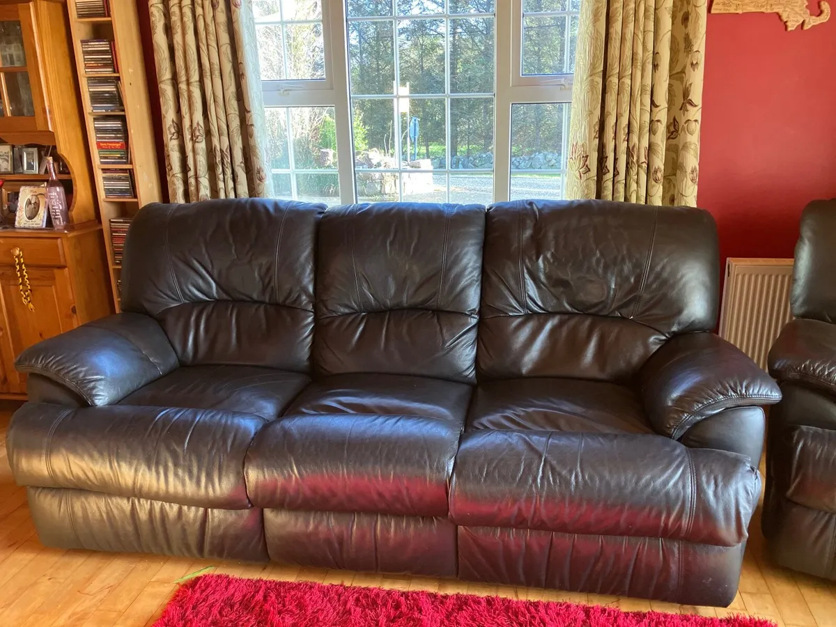 Black Leather Reclining Couch Set - Image 1