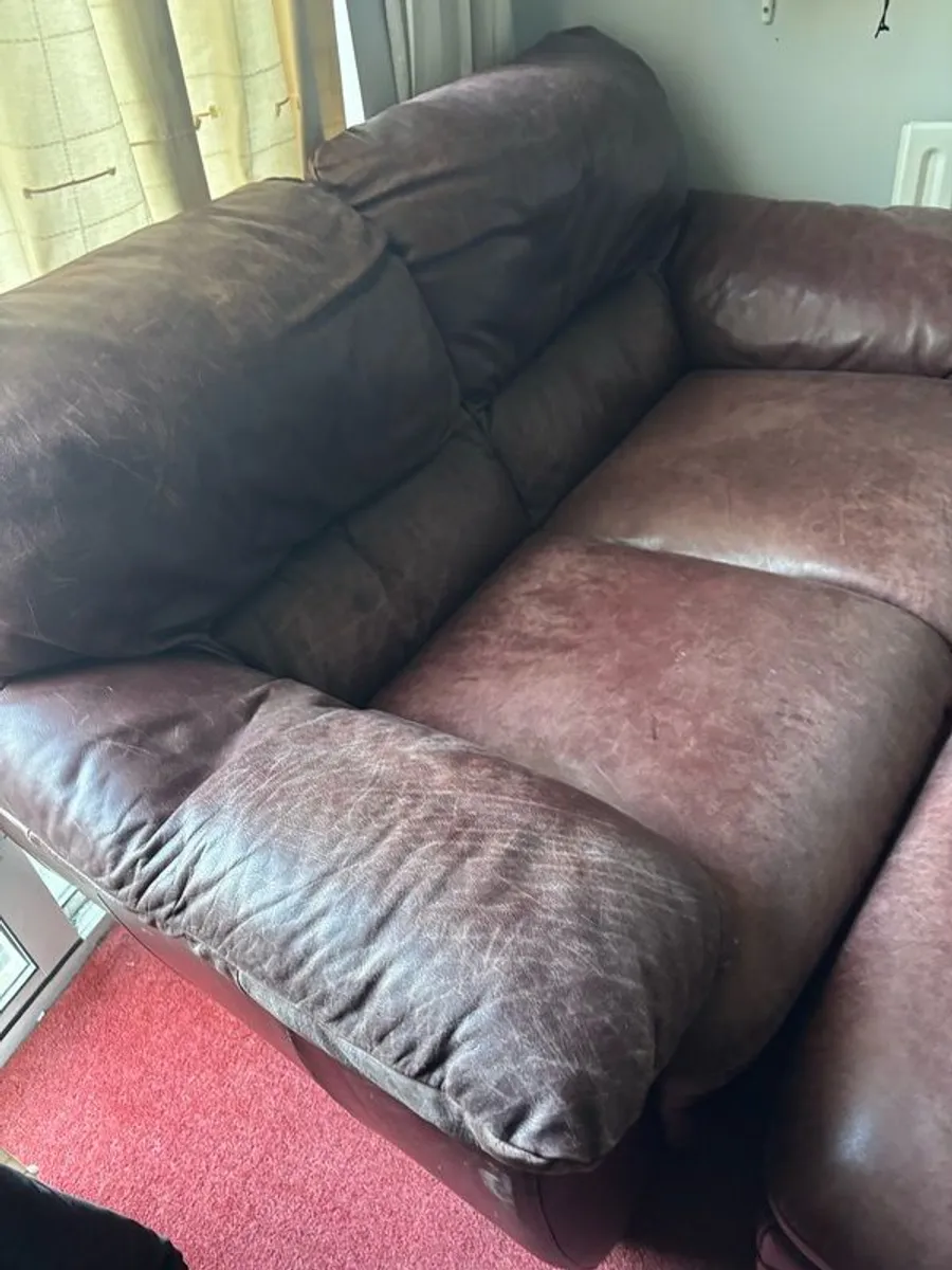2 seater leather couch and poof - Image 1