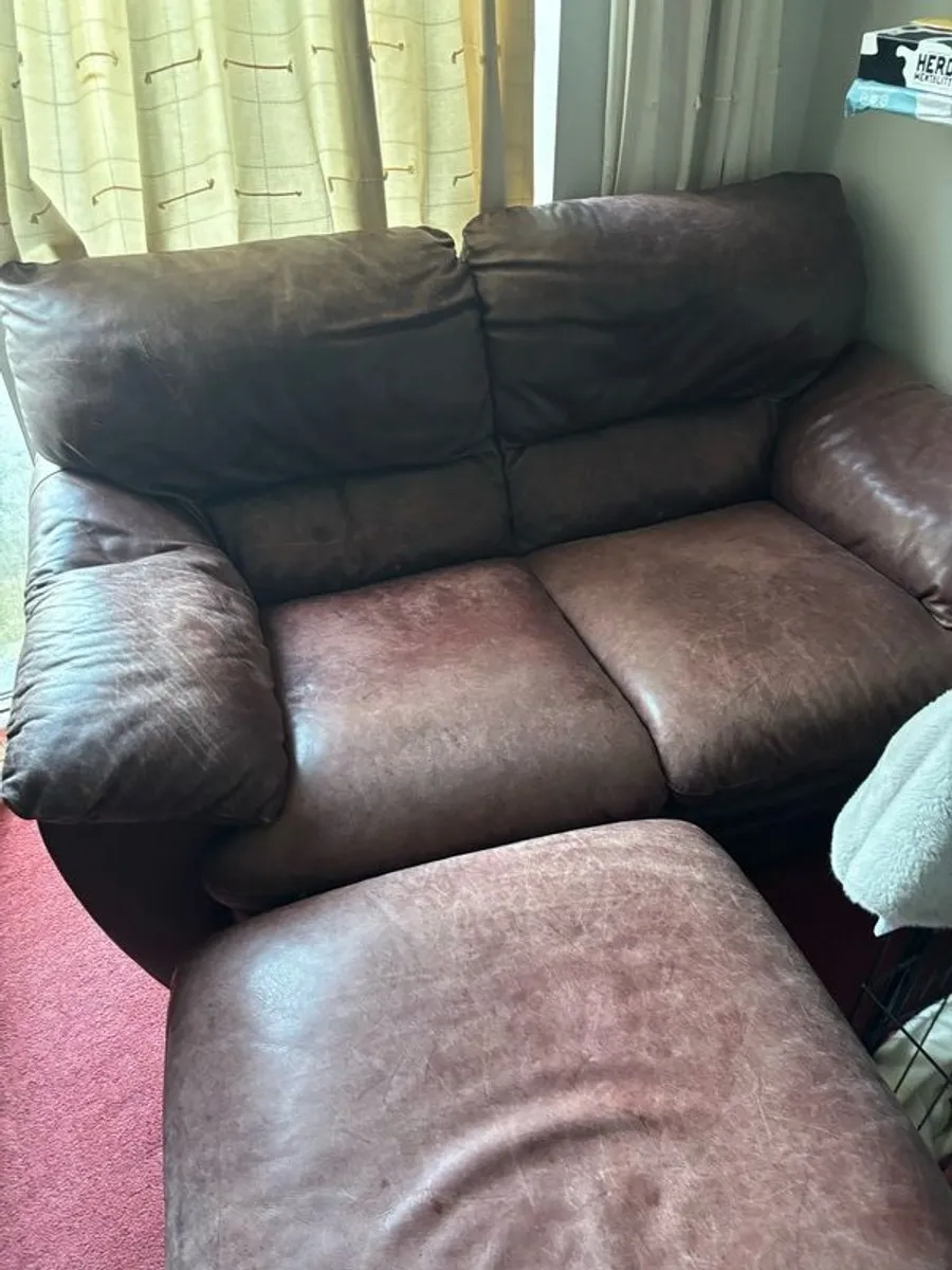 2 seater leather couch and poof - Image 3