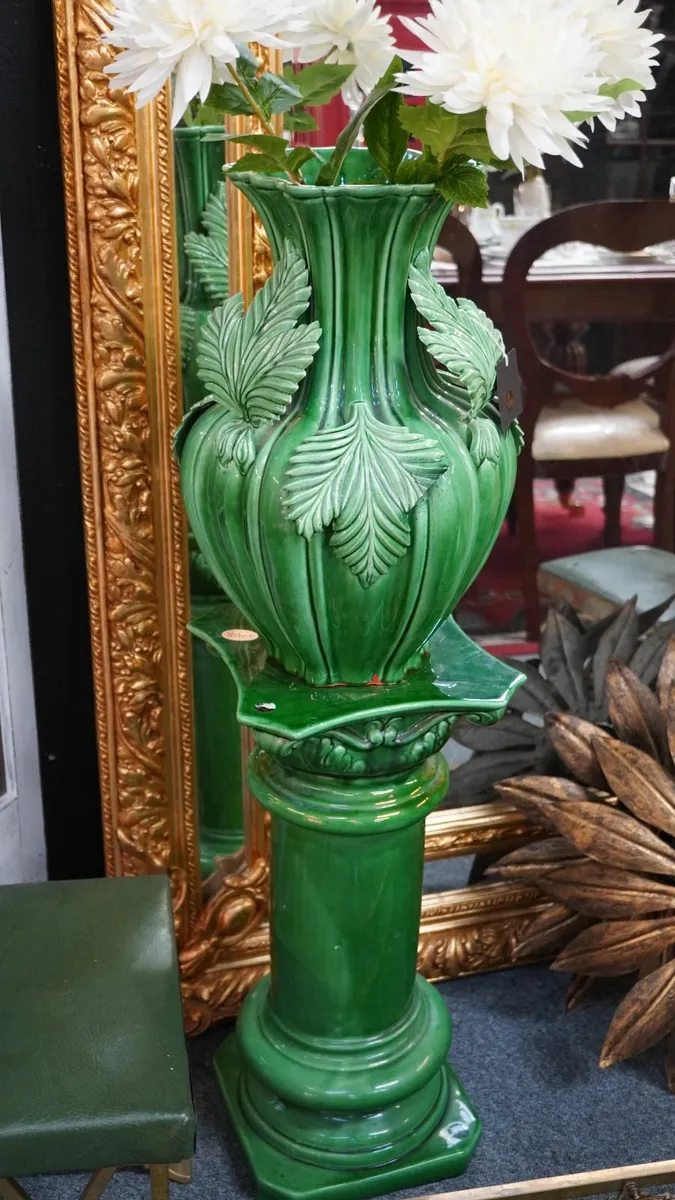 Vintage Green Glazed Floor Vase / Planter on Pedes - Image 2