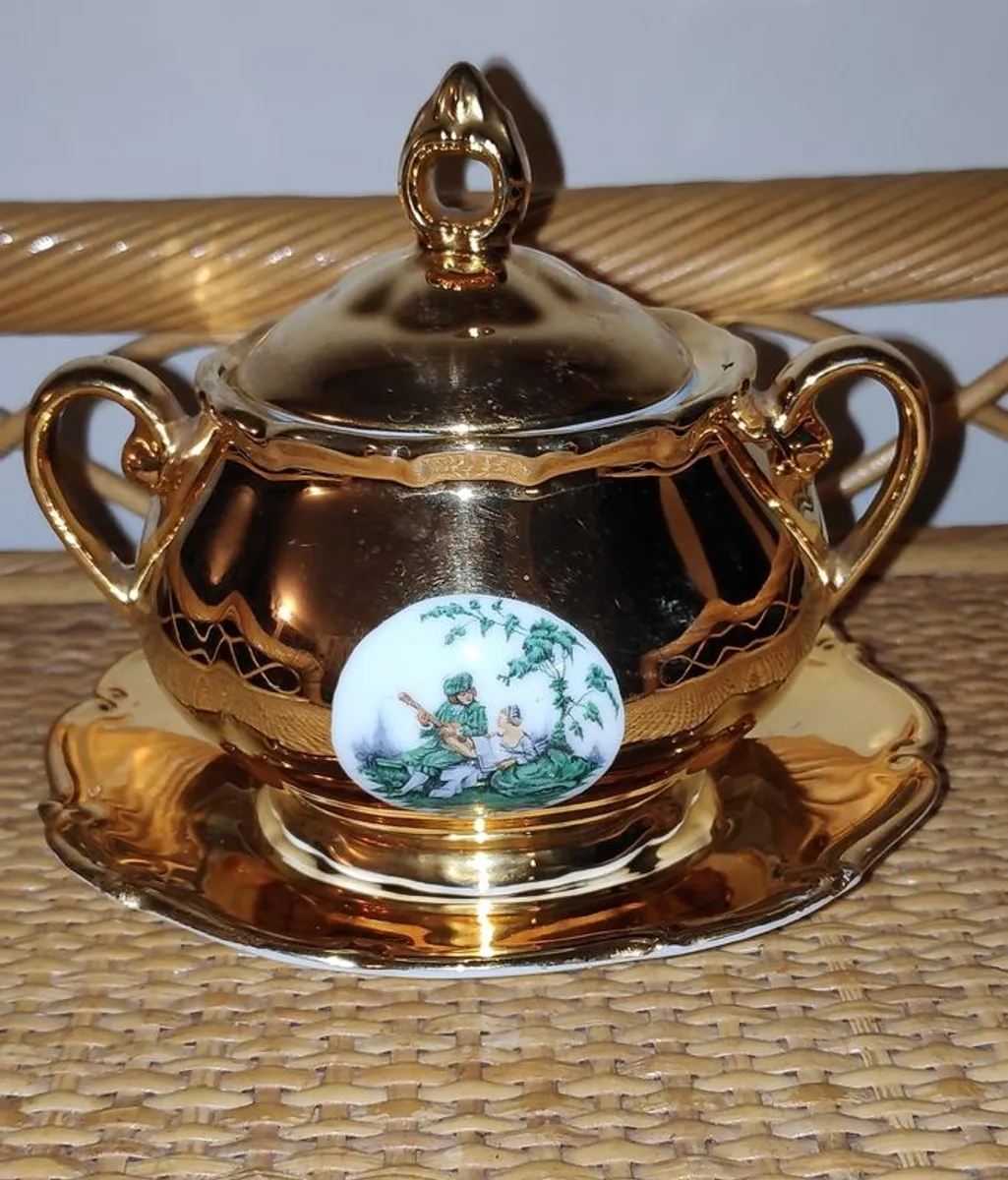 Vintage  gilt sugar bowl with lid &  saucer made in Czechoslovakia - Image 1