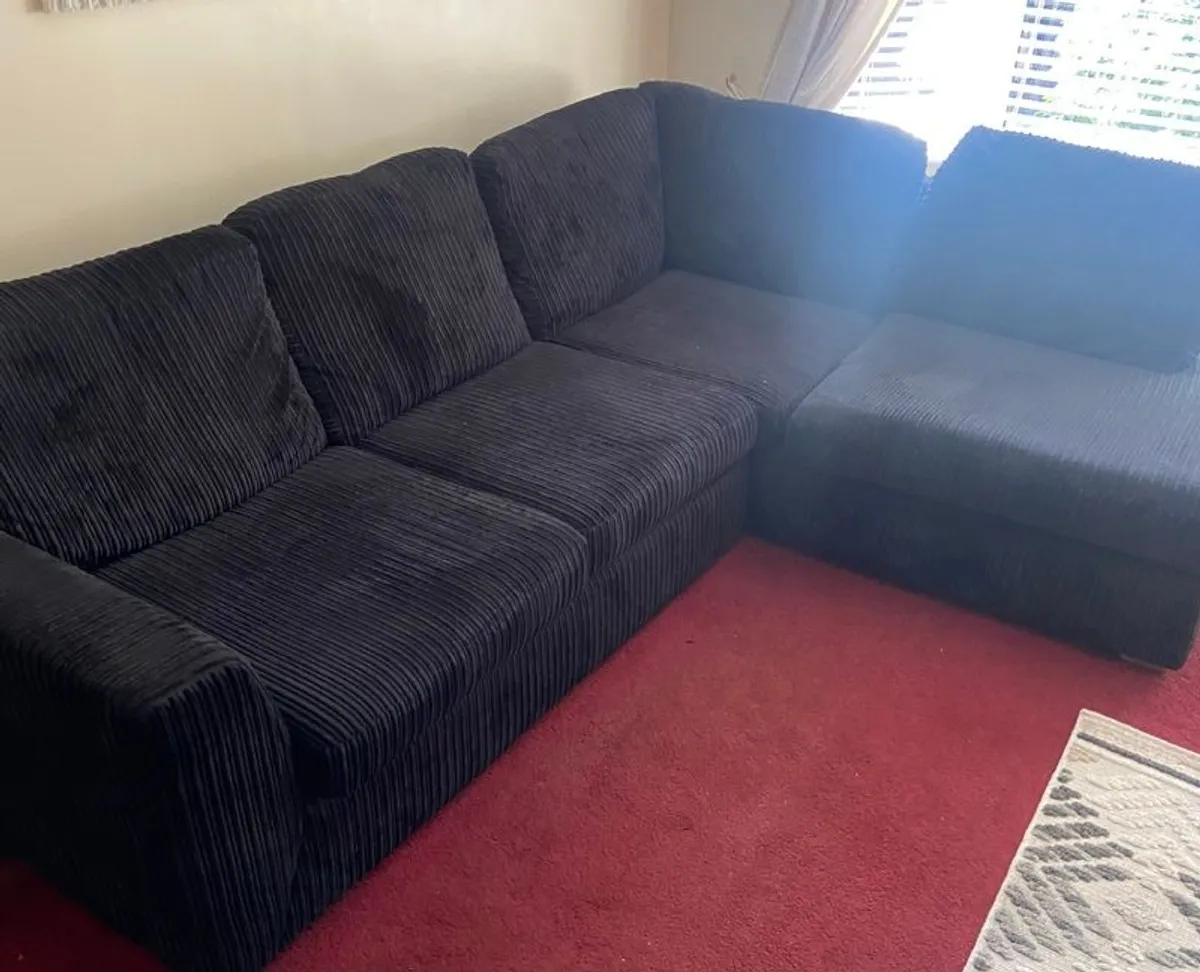 Very Good Condition.Large Black Suede/Velevet couch with left chaise - Image 1