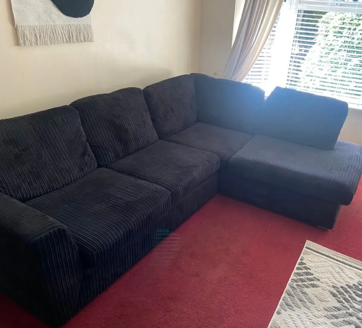 Very Good Condition.Large Black Suede/Velevet couch with left chaise - Image 2