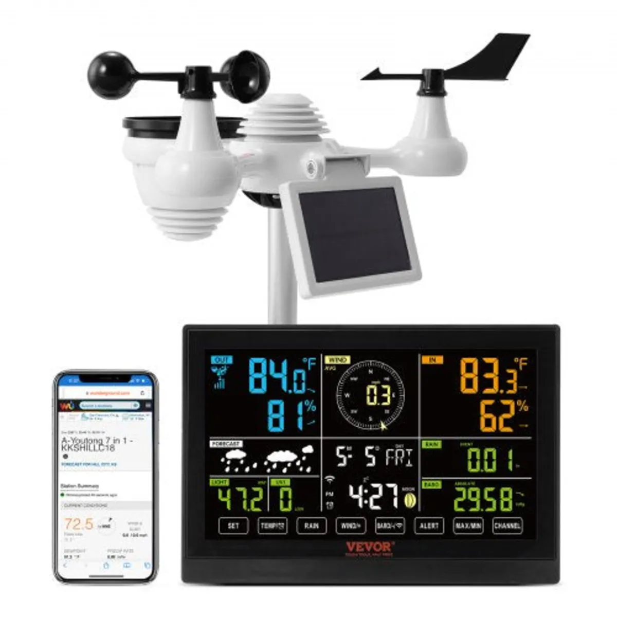 7-in-1 Wi-Fi Weather Station, 7.5 in Color Display