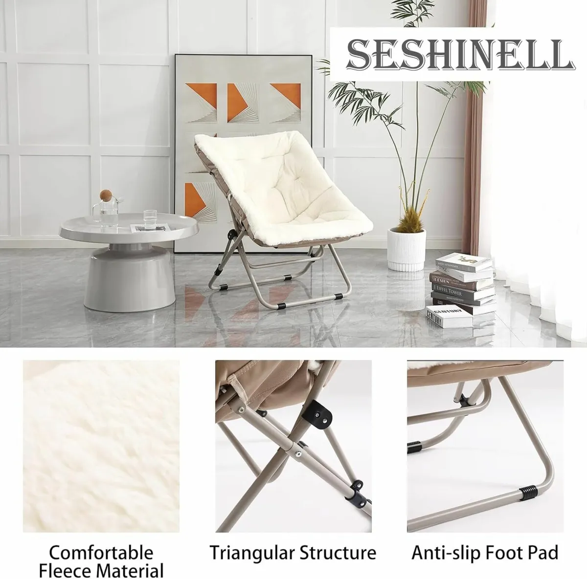 Comfy Living Room Chair Foldable Fur Chair Beige - Image 3
