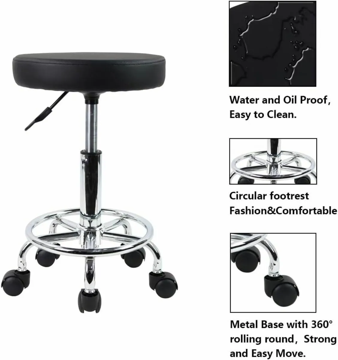 Leather Round Rolling Stool Black12.6Dx32Wx48.8H - Image 4