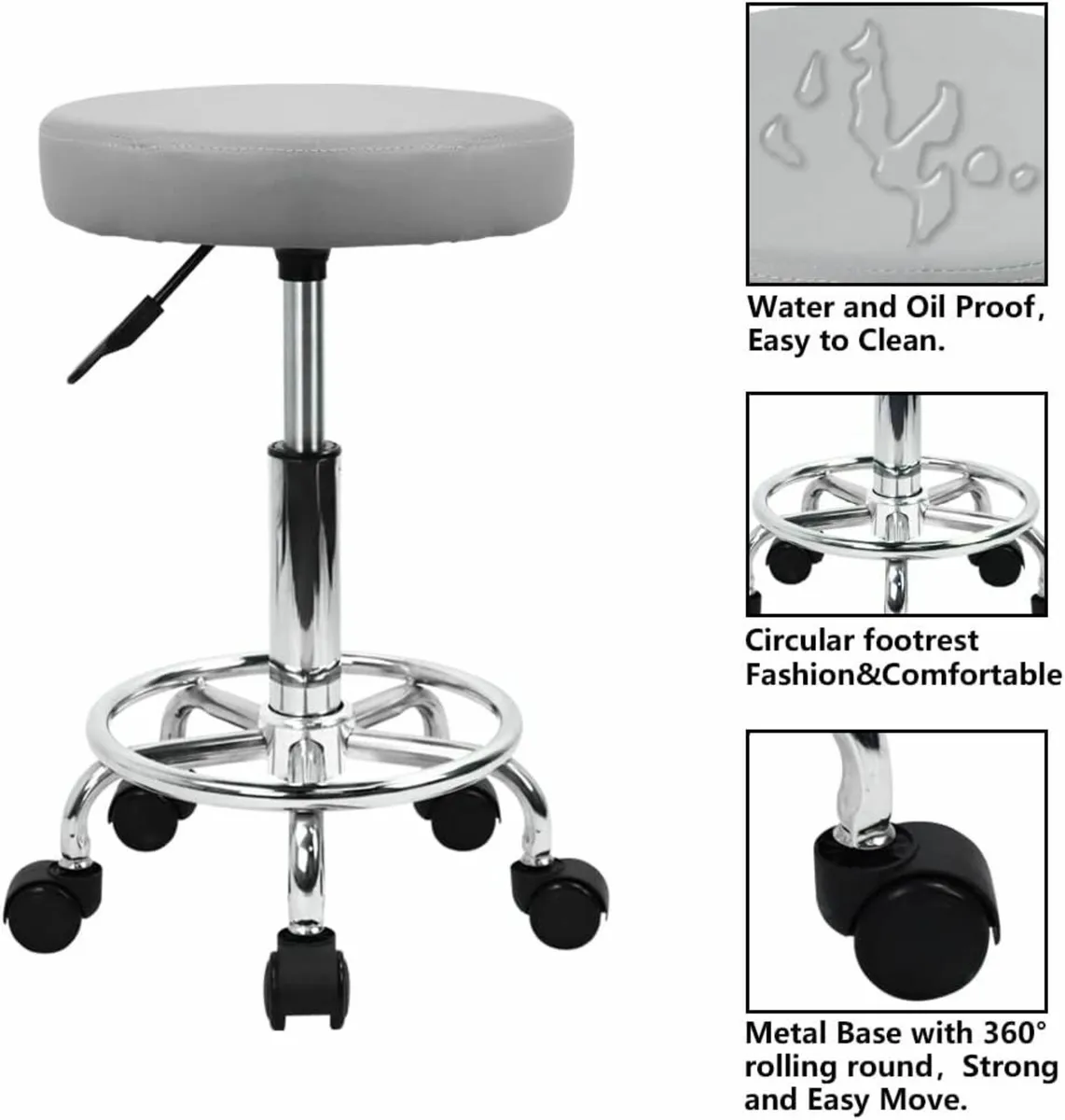 Leather Round Rolling Stool Grey 33.7Dx33.7Wx48H - Image 4