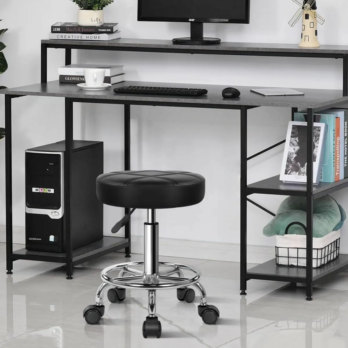 Round Rolling Stool Chair Black 35D x 35W x 124.5H - Image 2