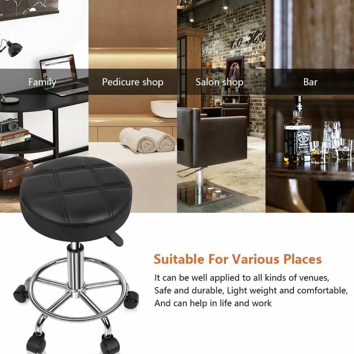 Round Rolling Stool Chair Black 35D x 35W x 124.5H - Image 3