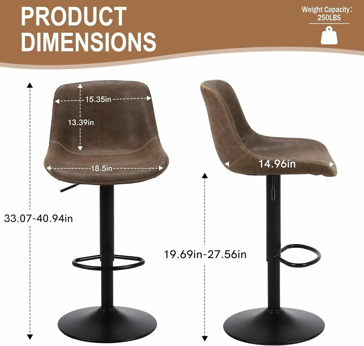 Bar Stools Set of 2 Swivel Brown 38D x 48W x 111H - Image 3